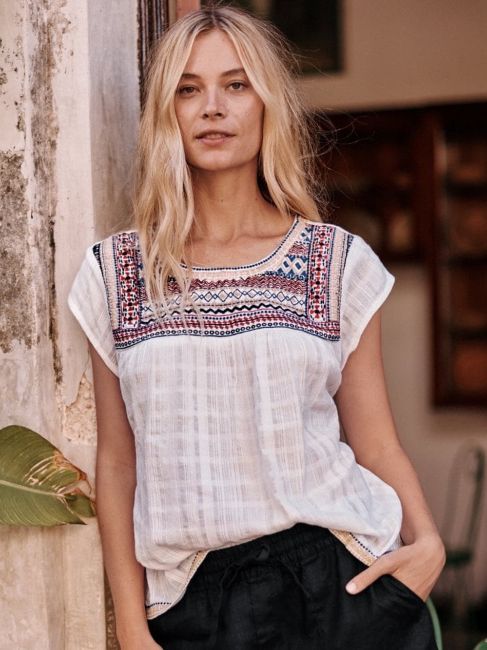 Garnet Hill Agatti Organic Cotton Embroidered Blouse White S